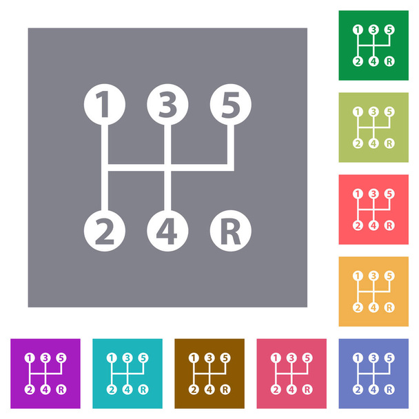 vijf versnellingen handmatig schakelen platte pictogrammen op eenvoudige kleur vierkante achtergronden - Vector, afbeelding