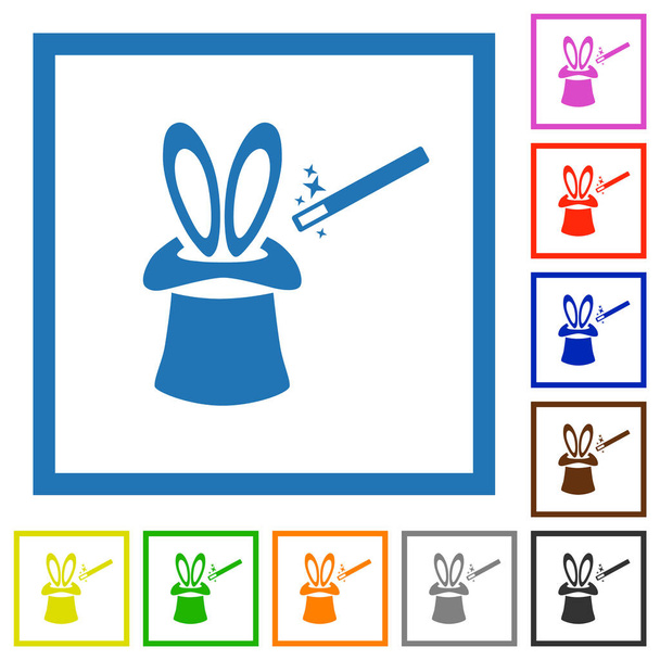 Sombrero mágico con orejas de conejo iconos de color plano en marcos cuadrados sobre fondo blanco - Vector, imagen