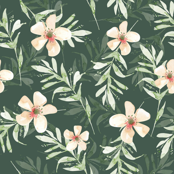 seamless pattern with green leaves and pink flowers, illustration watercolor hand painted on dark background - Zdjęcie, obraz