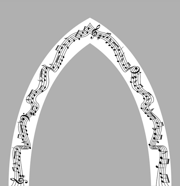 Arco musicale con l'uso di uno staff di musica e note per la progettazione di una cerimonia di matrimonio in uscita, ingresso, portale. Illustrazione vettoriale. - Vettoriali, immagini