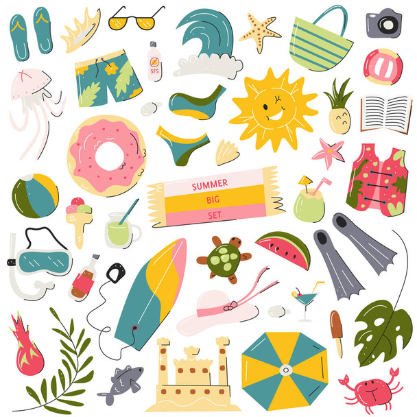 Summer beach symbols big set isolated on white. Scrapbooking elements bundle. Seasonal holidays seaside icons collection. Hand drawn travel, vacation concept. Vector flat cartoon line illustration - Vector, afbeelding