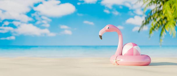 Pink flamingo life belt and rubber ball on the sand beach. Travel on summer vacation concept 3d render 3d illustration - Фото, изображение