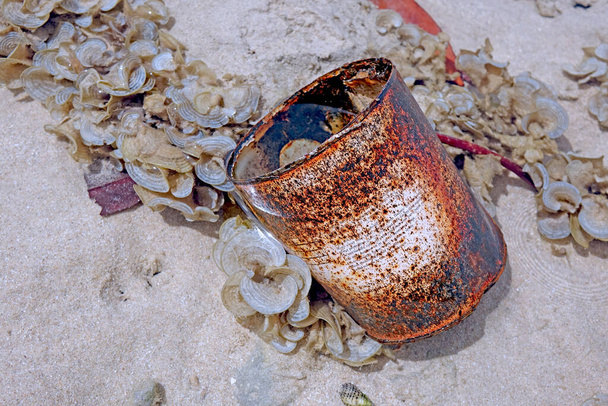 Szennyezés: tenger- és tengerszennyezés. Ételkonzervek az óceánban. Szelektív fókusz másolási hellyel - Fotó, kép