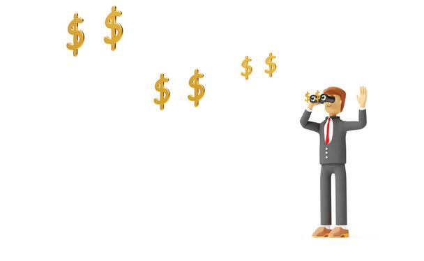 personaje de dibujos animados hombre de negocios mano sostiene binocular con dólar flotante aislado sobre fondo blanco, 3d render - Foto, Imagen