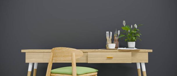 Tavolo da lavoro in legno con strumenti di verniciatura, vaso e sedia in loft home office room, rendering 3D, illustrazione 3D - Foto, immagini
