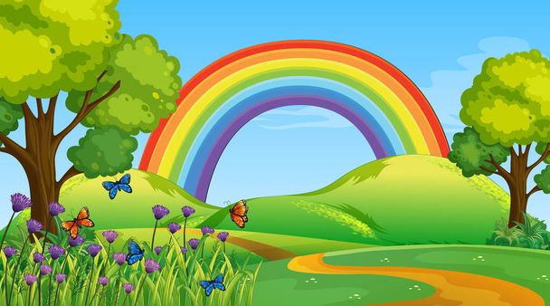 Natuurpark scene achtergrond met regenboog in de lucht illustratie - Vector, afbeelding