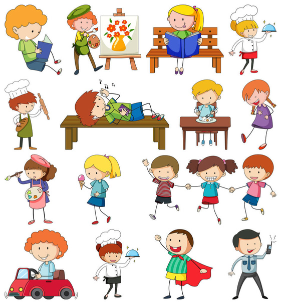 Set of different doodle kids cartoon character isolated illustration - Vector, Image