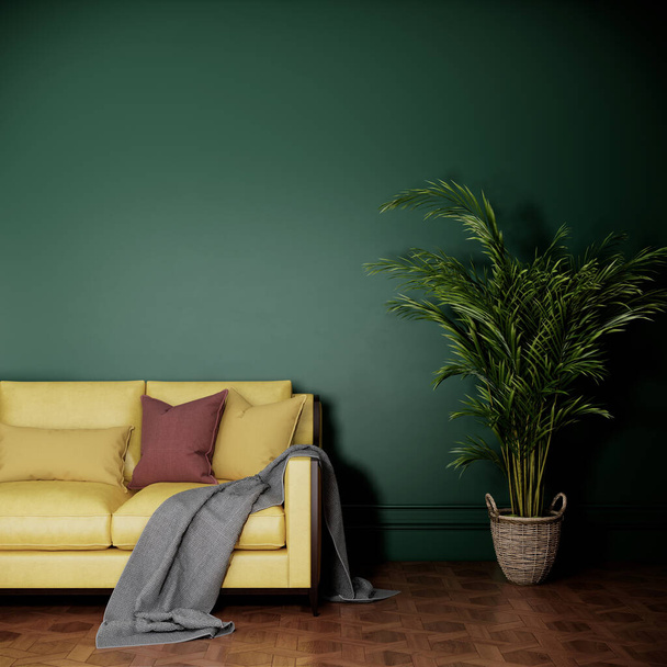 yellow sofa and tree in green color room. interior design 3d rendering background - Foto, imagen