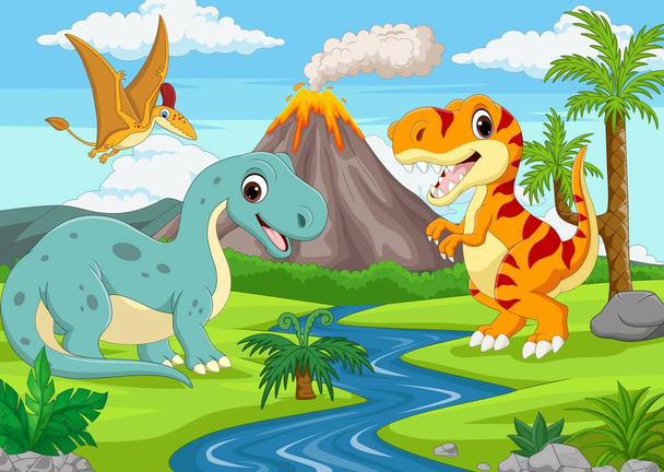 Illustration vectorielle de Groupe de drôles de dinosaures de dessin animé dans la jungle - Vecteur, image