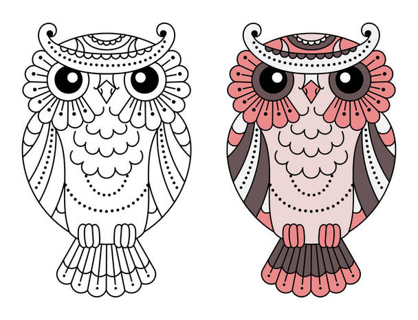 Magic stylized zentangle owl, doodle illustration for coloring. Decorative wild bird. Black outline on white background - Vektör, Görsel
