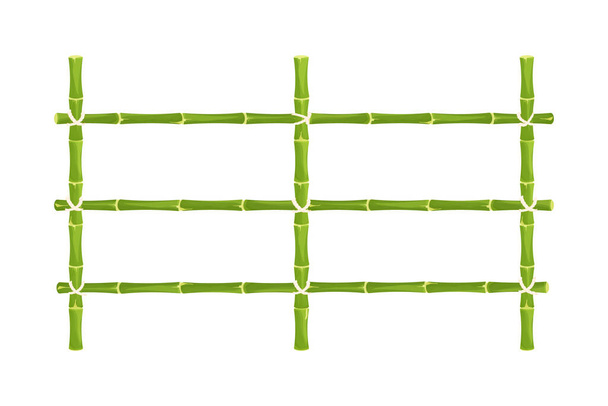 Zöld bambusz kerítés kötéllel rajzfilm stílusban elszigetelt fehér háttér. Természetes akadály a botokból, deszkákból. Rusztikus szabadtéri védelem. Ázsiai, törzsi. Vektorillusztráció - Vektor, kép