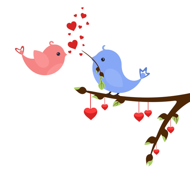 Little birds in love with hearts on early spring twig. Valentine's idea for Your design - Vektor, Bild