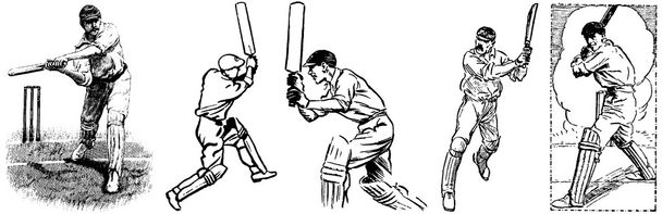 Auswahl von Cricket-Bildern von vor über 50 Jahren. Dieses Set besteht aus fünf Schlagmännern, die ihren Beruf ausüben, jeder ideal für Ihren Cricket Club Newsletter, Website usw. - Foto, Bild