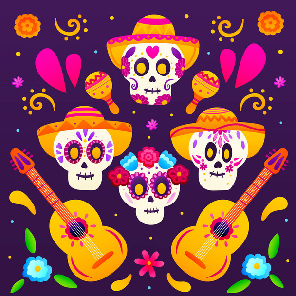Tarjeta de felicitación colorida día de los muertous, composición cuadrada con calaveras de azúcar, elementos florales, sombreros - Vector, imagen
