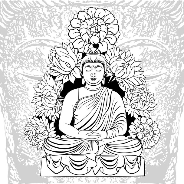 buddha in meditazione intorno ai fiori - Vettoriali, immagini