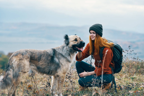 nő túrázó a hegyekben szabadban mellett a kutya utazás - Fotó, kép