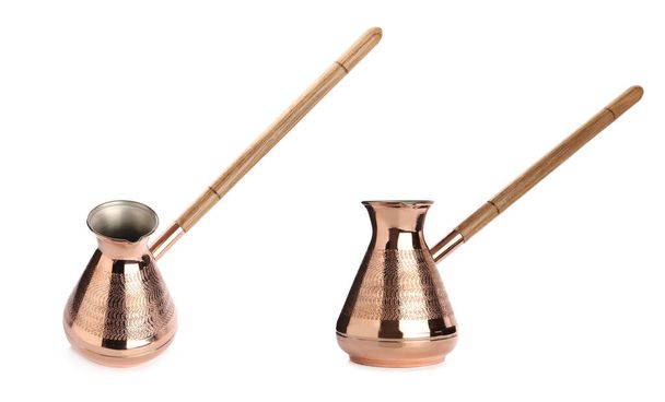Beautiful copper turkish coffee pots on white background, collage  - Foto, immagini
