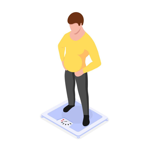 An overweight man stands on the scales. Concept of obesity problem and health care. Vector illustration in isometric style. Isolated on white background. - Vector, Image