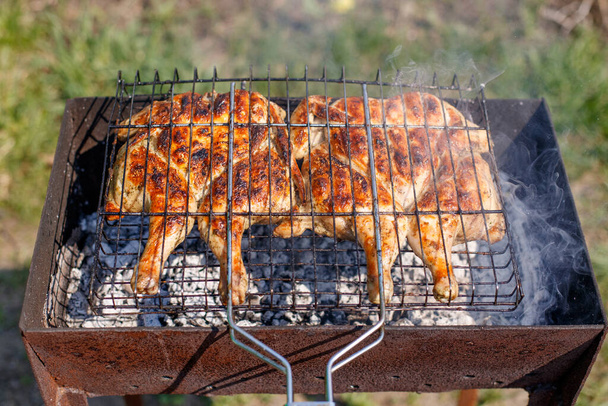 Two chickens grilled on a charcoal barbeque brazier - 写真・画像