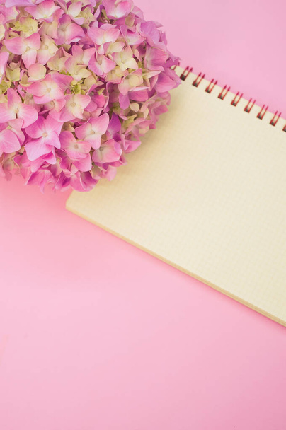 A vertical shot of a bouquet of hydrangeas with a blank notepad isolated on a pink background with space for text - Foto, Bild