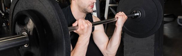 cropped view of sportsman lifting barbell in gym, banner - Photo, Image