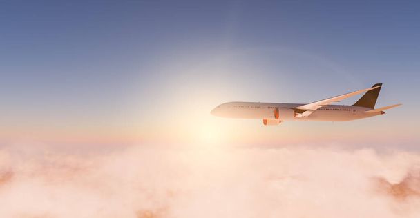 vista lateral de un avión de pasajeros volando sobre las nubes con una llamarada del sol detrás. concepto de viaje y vacaciones. 3d renderizar - Foto, Imagen