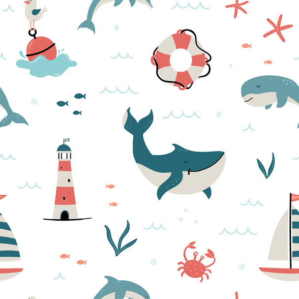 Cute hand drawn sea life seamless pattern, happy whales and decoration, great for summer textiles, banners, wallpapers, wrapping - vector design - Vektör, Görsel
