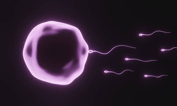 3D рендеринг. Розовая микроскопическая сперма и яйцеклетка. - Фото, изображение