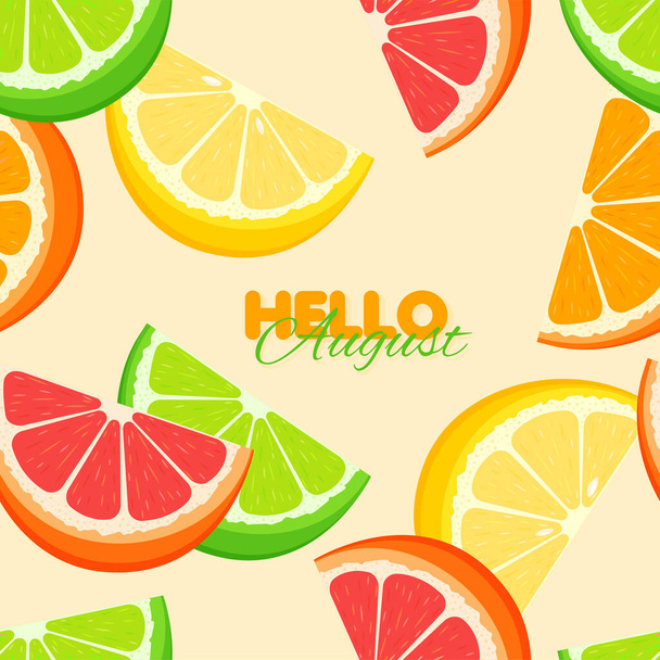 Modèle sans couture d'agrumes. Modèle de bannière d'été avec orange, citron, citron vert. Fond jaune. Illustration vectorielle. - Vecteur, image