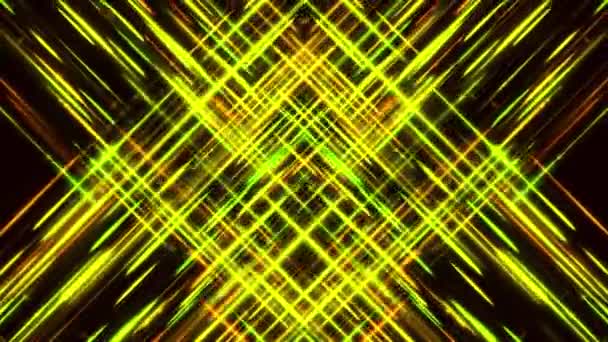 Abstraktní hypnotické barevné zkřížené linie tvořící siluetu kosočtverce na černém pozadí, bezešvé smyčky. Animace. Dva proudy vesmírných paprsků pohybující se jeden k druhému. - Záběry, video