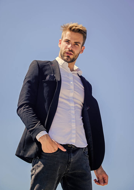 Ready to work. Male fashion. Formal style. Confident handsome businessman. Handsome man fashion model. Looking impeccable. Handsome guy posing in formal suit blue sky background. Office worker - Zdjęcie, obraz
