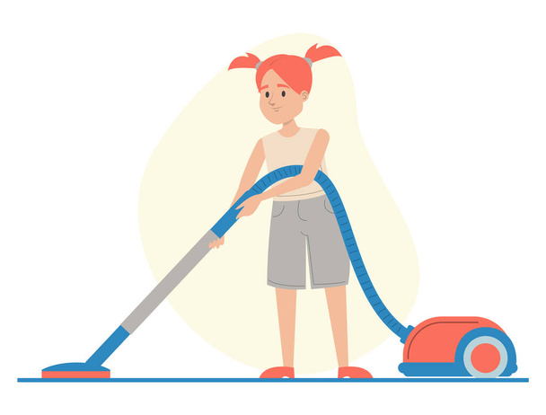 Girl vacuum cleaning the floor at home vector isolated. Child cleaning carpet. Daily routine, domestic work. - Vektör, Görsel