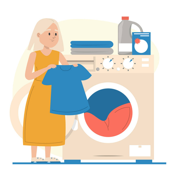Girl puts clothing in the washing machine vector isolated. Daily routine. Domestic work, kid washing dirty clothes. - Διάνυσμα, εικόνα