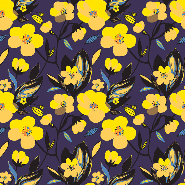Abstract floral seamless pattern. Yellow colors, painting on a dark purple background. Trendy cherry, anemone, sunflower blossoms print, texture. - Διάνυσμα, εικόνα