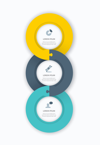 Infographic circle timeline web template for business with icons and puzzle piece jigsaw concept. Awesome flat design to be used on web, pring, brochure, advertisement, etc. - Vector, Imagen