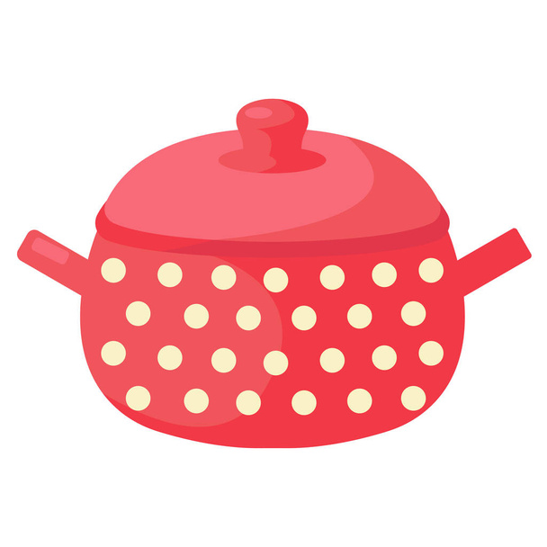 Cartoon cooking pot. Red saucepan. Kitchen colorful appliance. Flat vector illustration on a white background. - Vector, Image