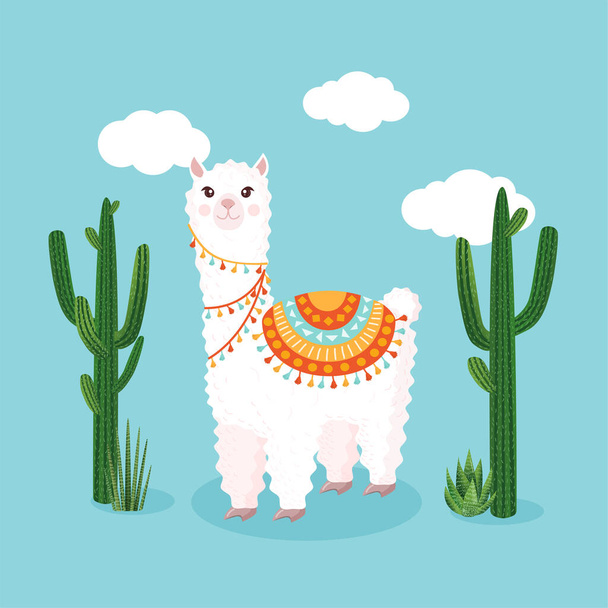 Lama festivo o alpaca sullo sfondo di nuvole allegre e kauti. Illustrazione vettoriale per biglietto di auguri, poster, texture, tessile, arredamento. Personaggio cartone animato - Vettoriali, immagini