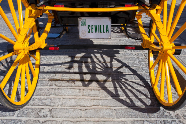 Традиционный конный экипаж с Севильской нагрудной табличкой. Санта-Крус, Севиль, Андалусия, Испания - Фото, изображение