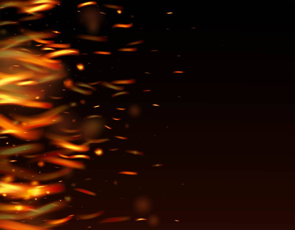 Blazing Flame Fiery Sparks Achtergrond. Fijne avond, Gouden Glitter. Geïsoleerd vuur, Rood Geel Oranje Sparkles, Rook. Hot Burning Flake Flashes. Realistisch vuureffect op zwart. Realistische Energie Glow. - Vector, afbeelding