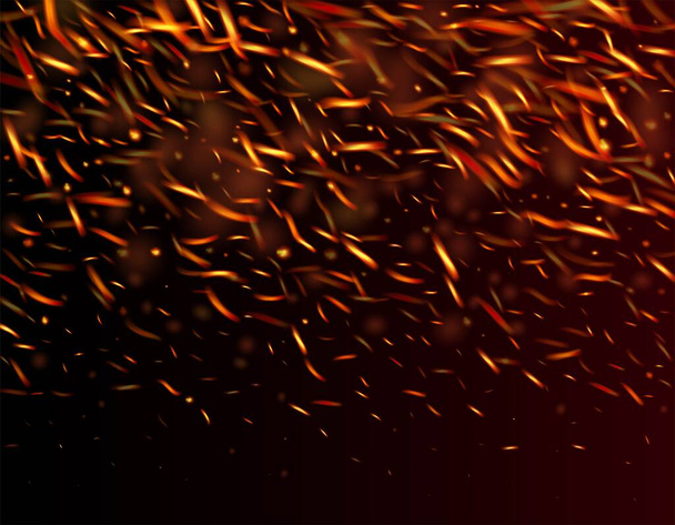 Brennende Flamme feurige Funken Hintergrund. Vereinzeltes Feuer, rot-gelb-orangefarbene Funken, Rauch. Helle Nacht, goldene Sterne. Realistisches Feuerbild auf Schwarz. Glühend heißes Gold blitzt auf. Realistischer Energieglühen. - Vektor, Bild