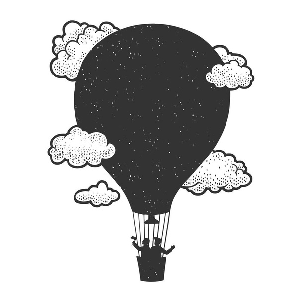 black silhouette of air balloon as background for inscription line art sketch engraving vector illustration. T-shirt apparel print design. Scratch board imitation. Black and white hand drawn image. - Вектор, зображення