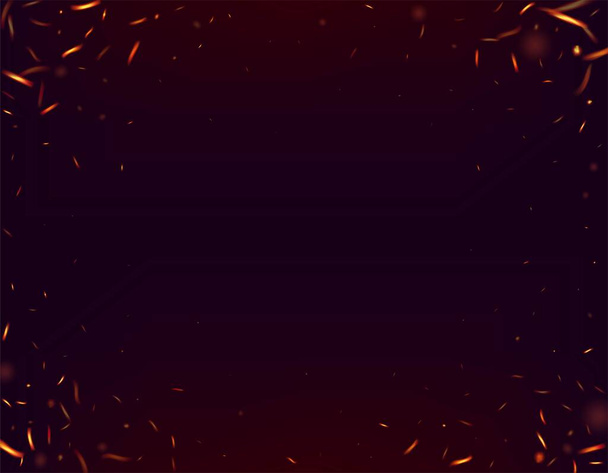炎の火が背景に輝きます。ホット・バーニング・フレーク。明るい夜、グリッターゴールド。ブラックに対する現実的な火災効果。現実的なエネルギーグロー。孤立した火、赤い黄色のオレンジの火花、煙. - ベクター画像