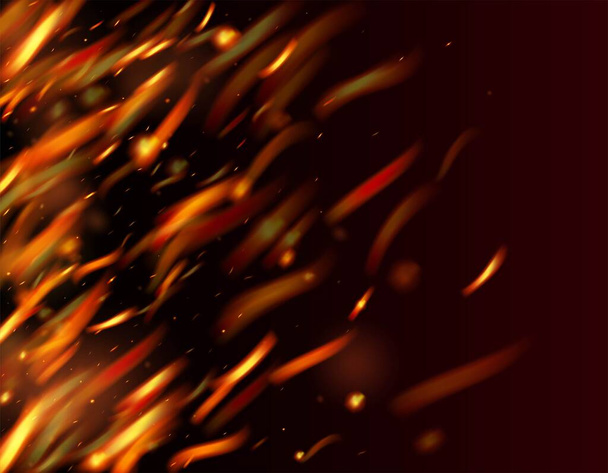 Hořící plamen ohnivé jiskry pozadí. Jasná noc, třpytivé hvězdy. Realistický Fire Image na černou. Záblesky žhavé záře. Realistická energetická záře. Izolovaný oheň, oranžově žluté jiskry, kouř. - Vektor, obrázek