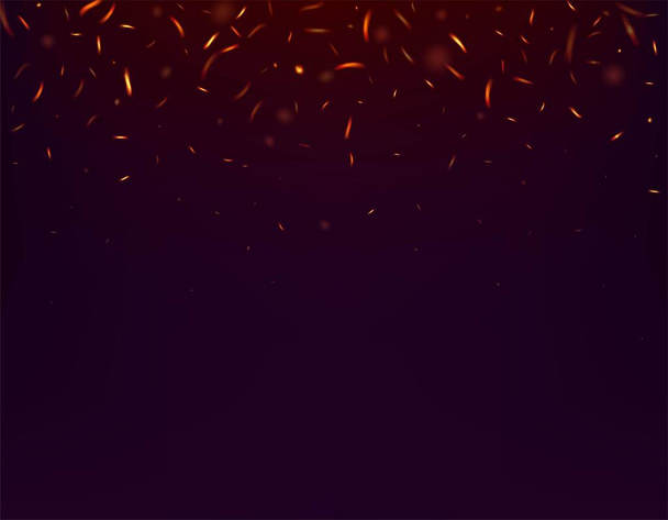 Blazing Flame Fiery Sparks Achtergrond. Fijne avond, Gouden Sterren. Opvliegers met gloeiende gloed. Geïsoleerd vuur, Rood Geel Oranje Sparkles, Rook. Realistisch vuurbeeld op zwart. Realistische Energie Glow. - Vector, afbeelding