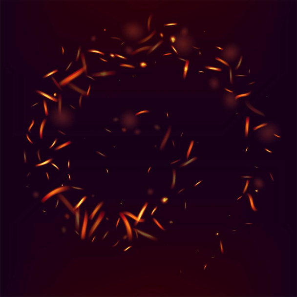 Blazing Flame Fiery Sparkles Background. Hot Burning Glow Flashes. Realistic Energy Glow. Realistic Fire Effect on Black. Bright Night, Stars Glitter. Isolated Fire, Yellow Orange Red Sparks, Smoke. - Vector, Image