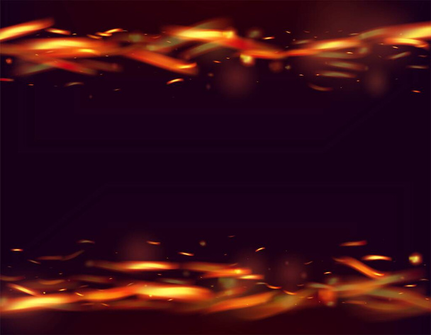 Flammende Flamme Fiery Sparkles Hintergrund. Heiße brennende Flocken blitzen auf. Vereinzeltes Feuer, rot-orange-gelbe Funken, Rauch. Helle Nacht, goldene Sterne. Realistischer Energieschein. Realistische Feuerwirkung auf Schwarz. - Vektor, Bild