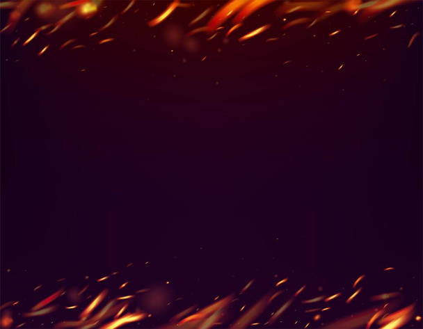 Égő Láng Tüzes Csillogás Háttér. Izolált tűz, sárga piros narancs szikrák, füst. Realisztikus Energia Ragyogás. Jó éjt, Arany Csillag. Realisztikus Tűz Kép a Feketén. Forró lángoló pelyhek villanásai. - Vektor, kép