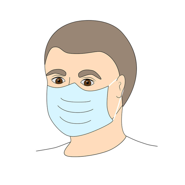 Maskeli bir adamın ya da genç bir adamın yüzü. Salgınlara, salgınlara, virüslere ve gribe karşı koruma. Beyaz arka planda izole edilmiş bir adam veya sağlık görevlisinin vektör stok çizimi. - Vektör, Görsel