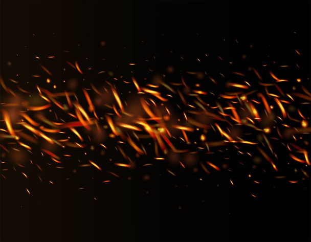 Égő Láng Tüzes Sparks Háttér. Forró, ragyogó arany villanások. Izolált tűz, narancs vörös sárga csillogás, füst. Realisztikus Tűz Kép a Feketén. Realisztikus Energia Ragyogás. Jó éjt, Csillogó Csillag!. - Vektor, kép