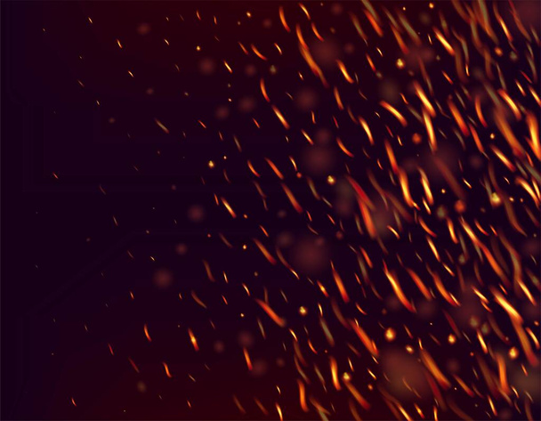 Brandende vlam woeste vonken achtergrond. Geïsoleerd vuur, Red Yellow Orange Sparks, Smoke. Fijne avond, Gouden Glitter. Realistisch vuurbeeld op zwart. Realistische Energie Glow. Opvliegers met opvliegers. - Vector, afbeelding